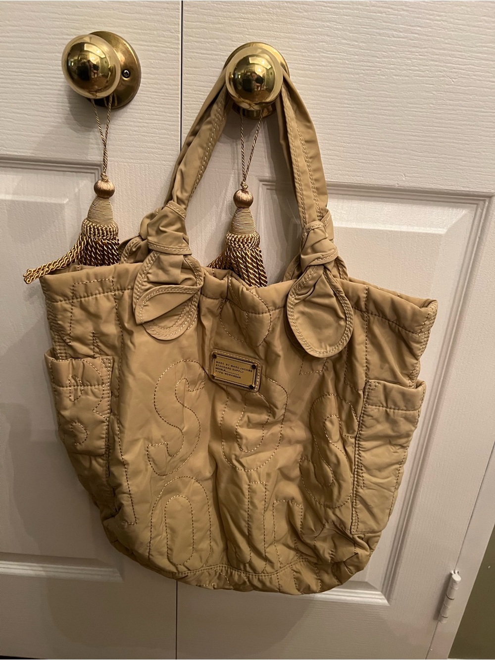 Marc by Marc Jacobs Tan Quilted Nylon Tote with Plaque, used once, like new.